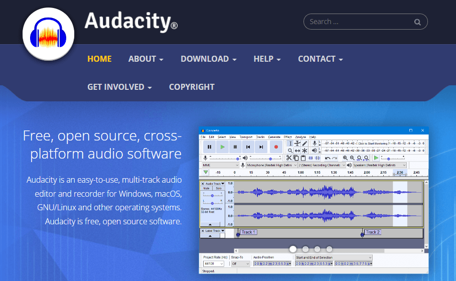 ボーカルを消す、残すことができる音声編集ツールのAudacityの公式サイト