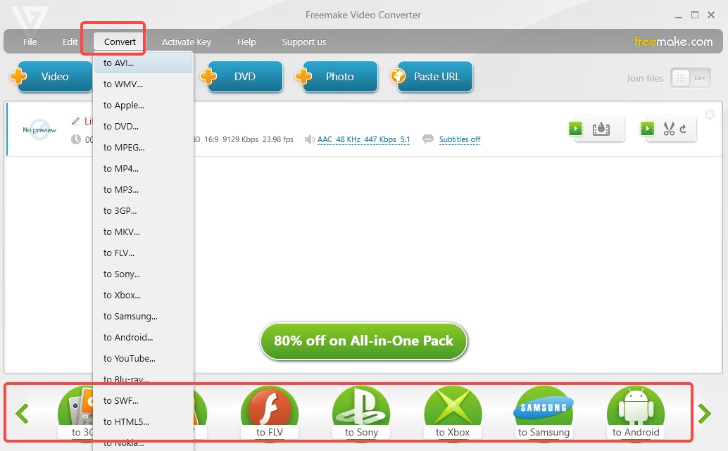 Selecting output format in Freemake