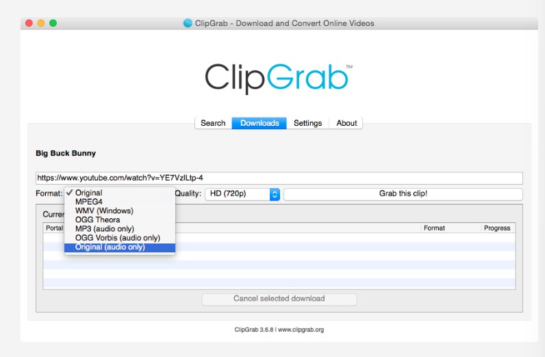 clipgrab review showing step-by-step usage: pasting URL and selecting quality