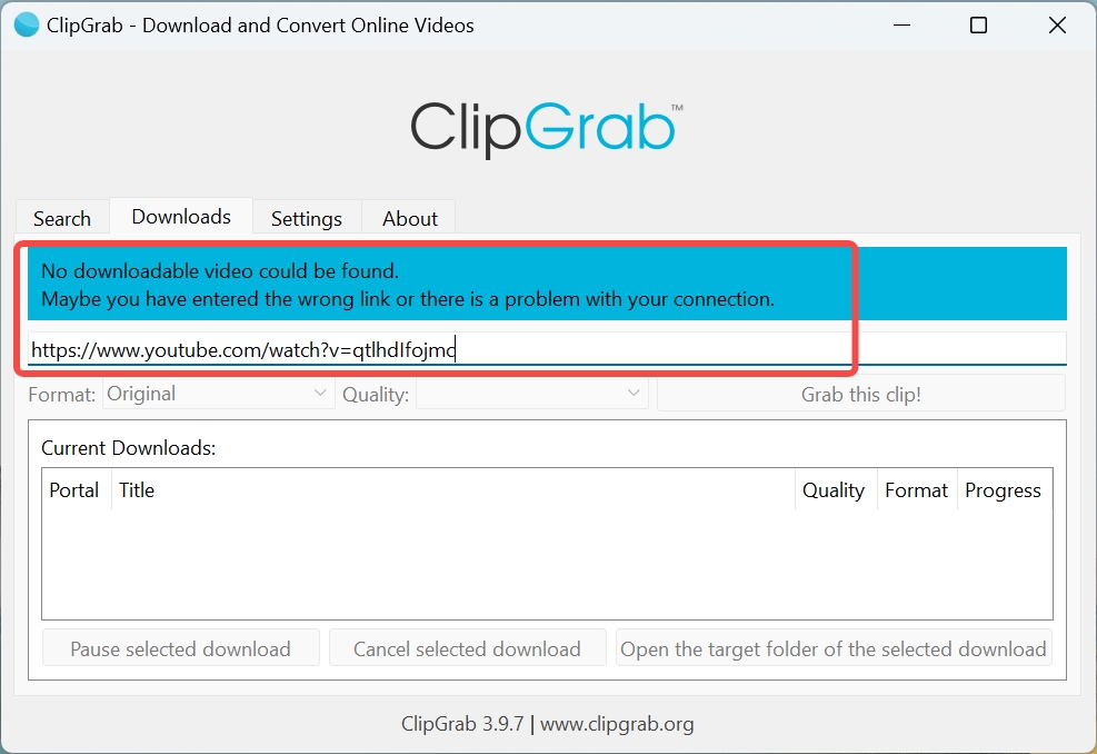 clipgrab review error: failure to analyze pasted YouTube URL
