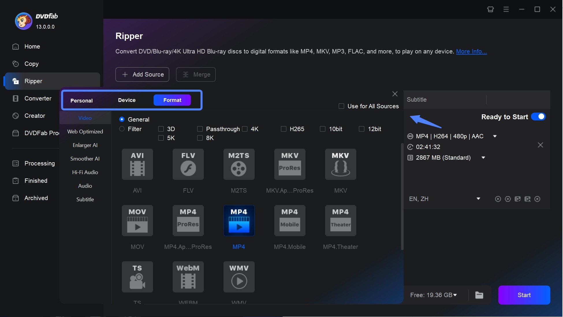 Format selection menu highlighting PS5 options