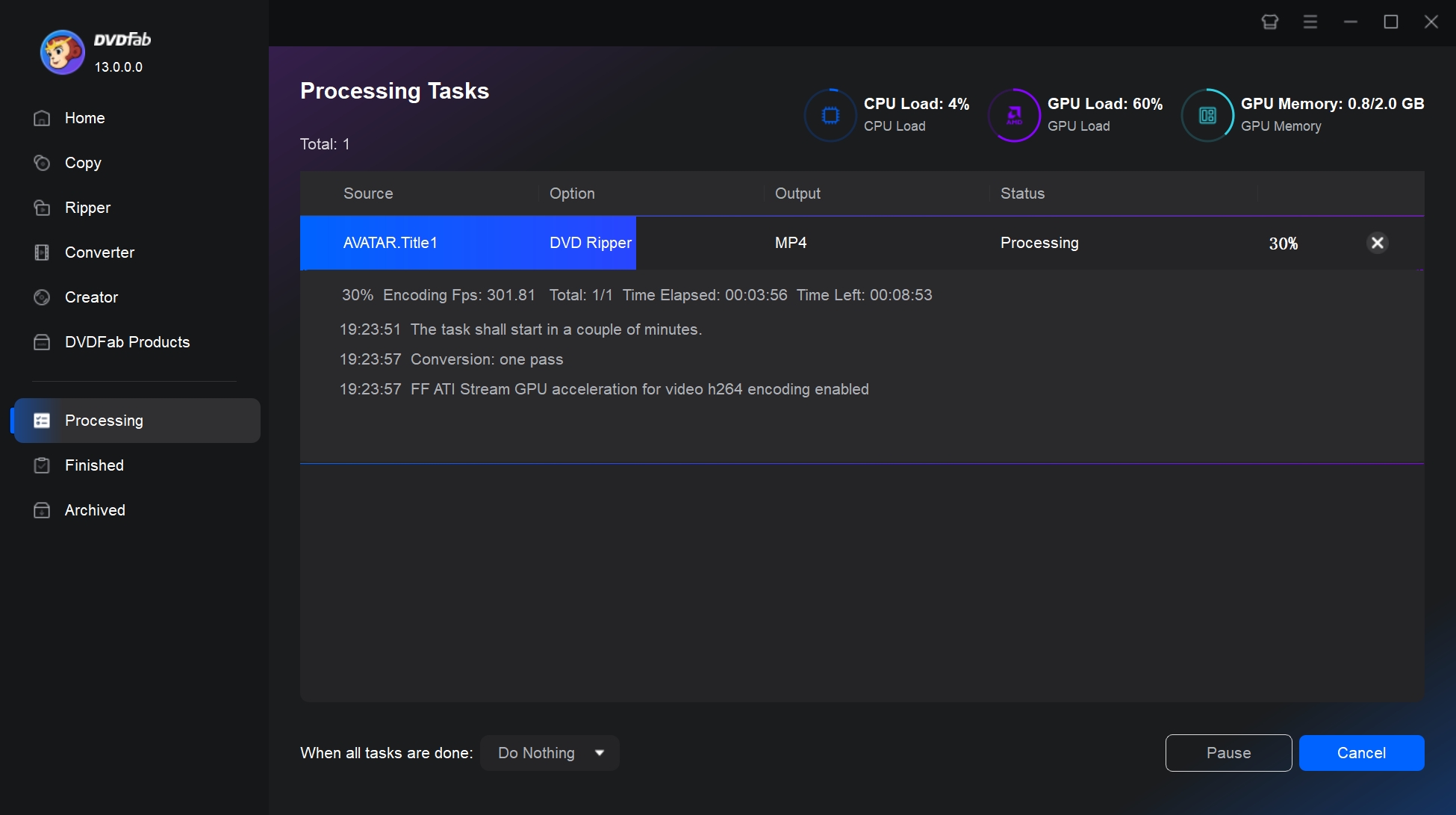 Conversion progress screen with start button