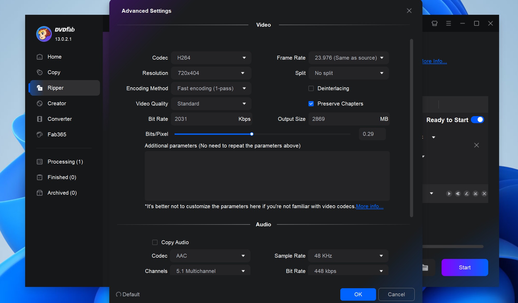 Advanced settings panel with quality options