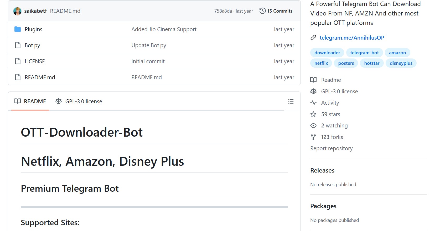 GitHub repository interface for OTT Downloader