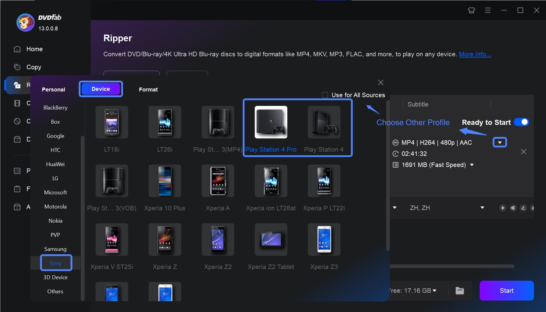 Selecting PlayStation 4 output profile