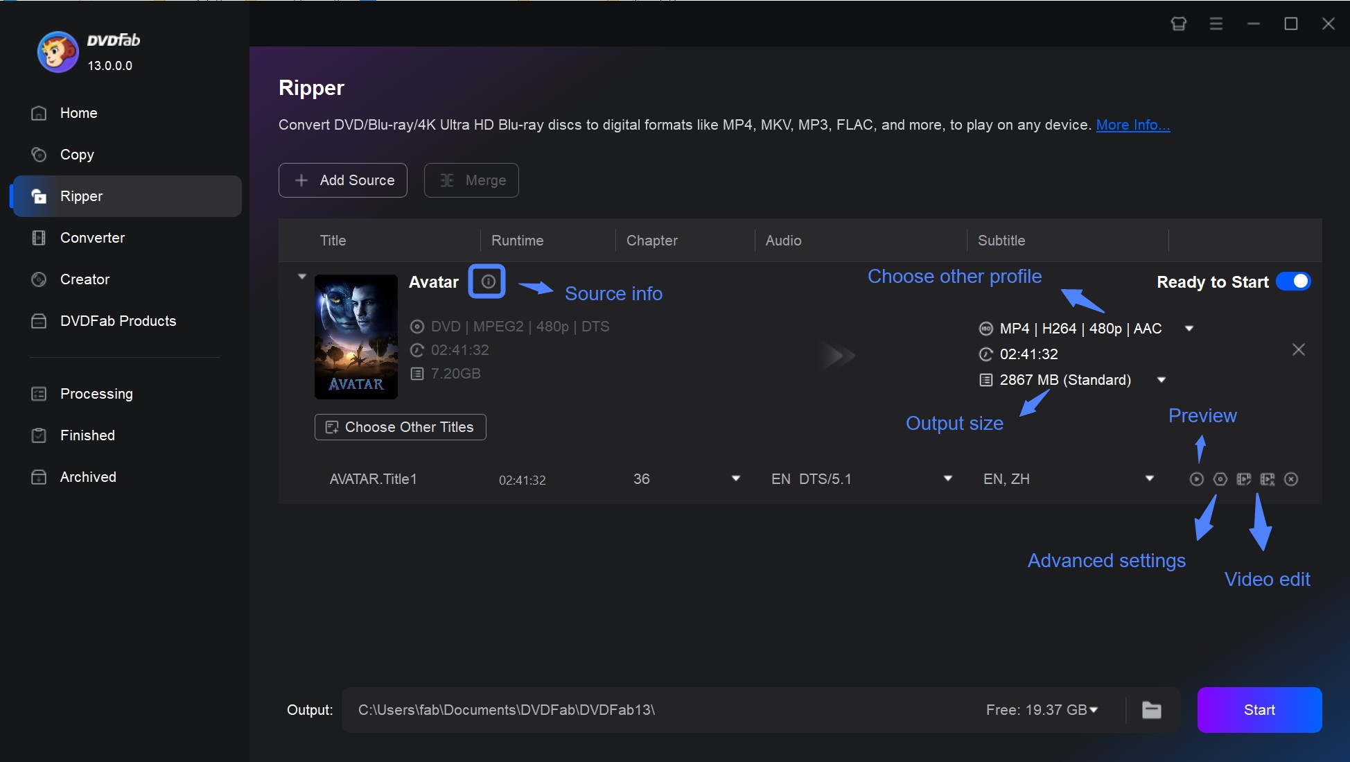 Customizing output settings in DVDFab