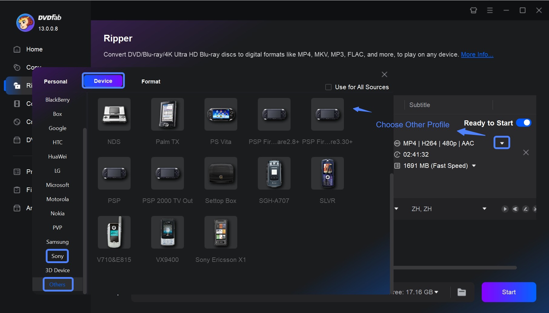Selecting PSP output profile in DVDFab