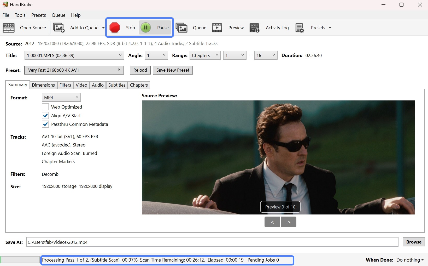 Starting encode in HandBrake