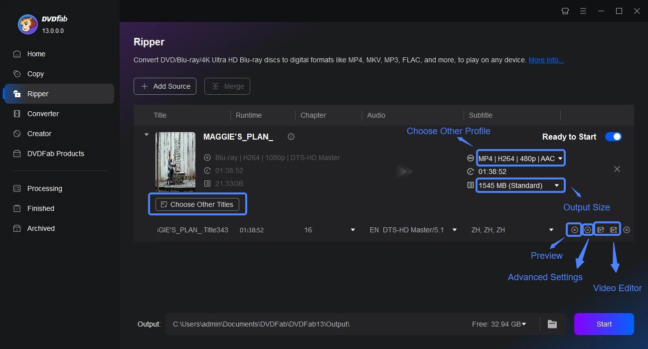 Selecting output format profiles in DVDFab