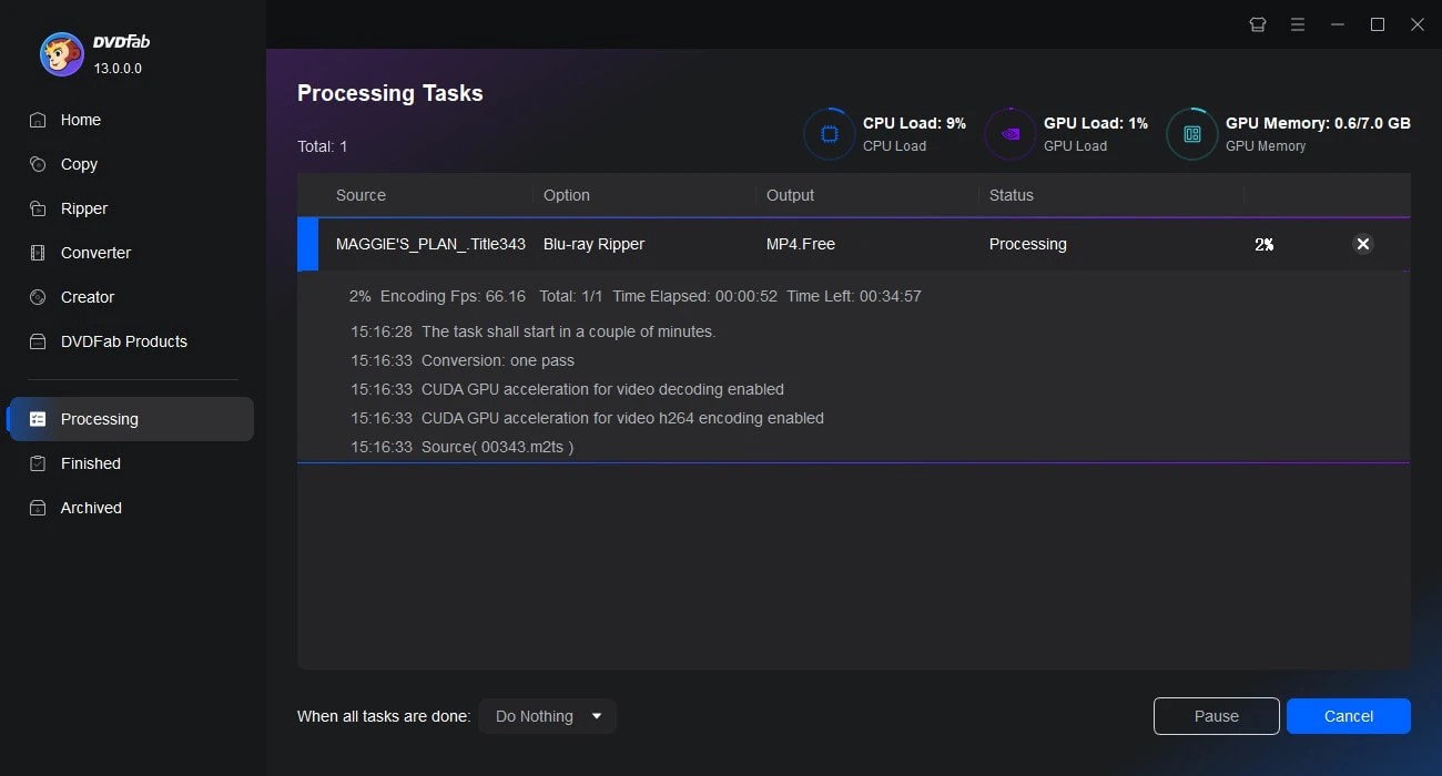 Starting the ripping process in DVDFab