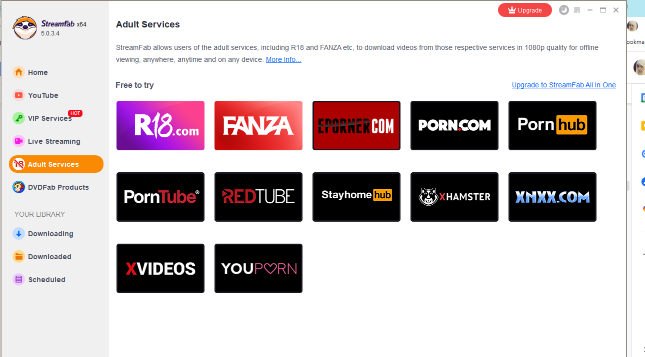 StreamFab Adult Service Selection