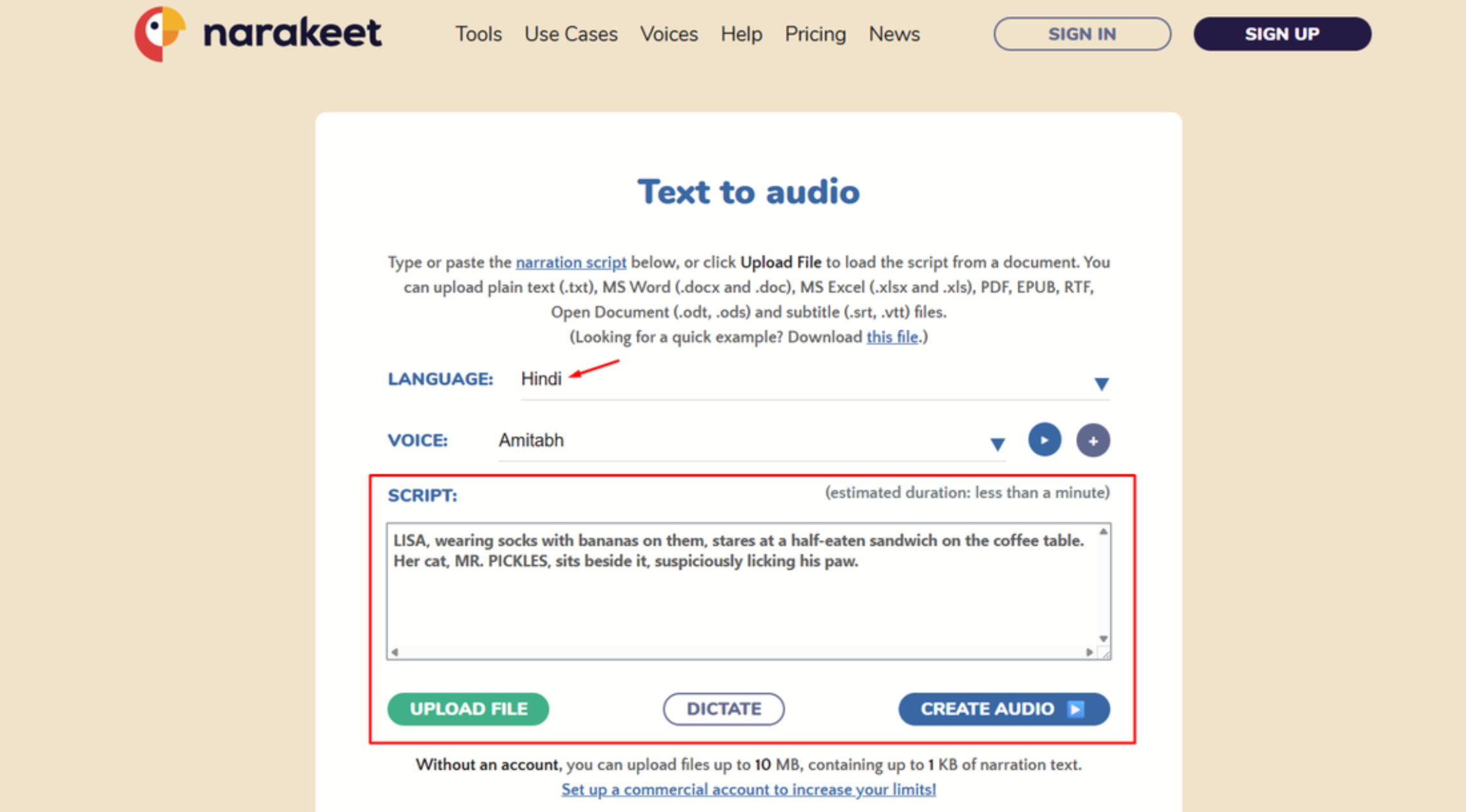 Turning text to Hindi speech in Narakeet