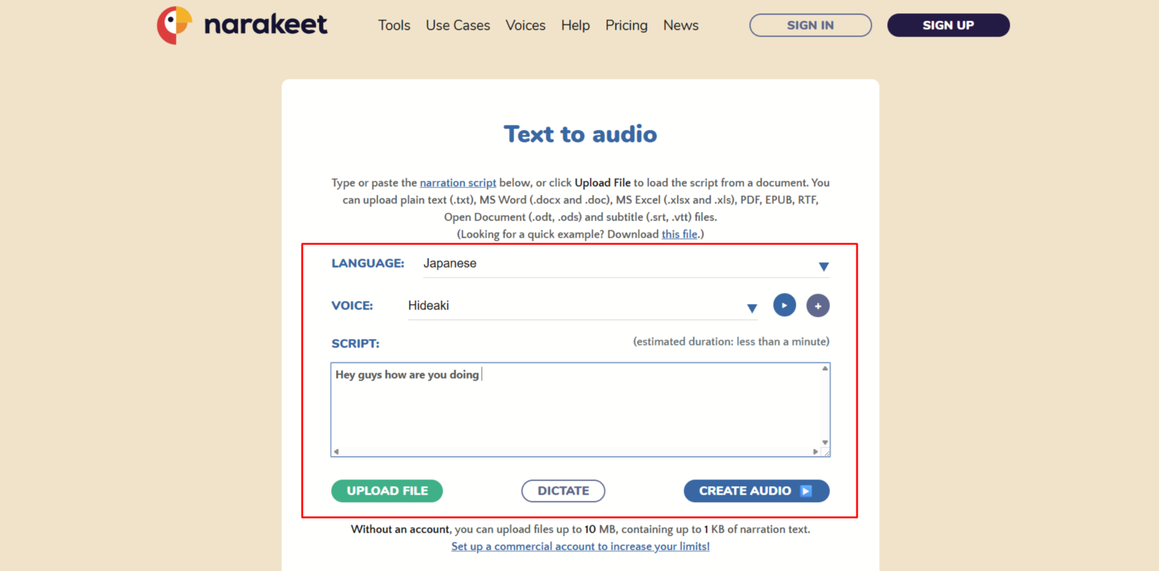 Using Narakeet text to Japanese speech tool