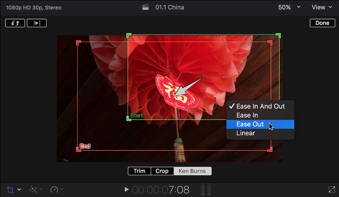 Ken Burns effect in FCPX showing zoom and pan