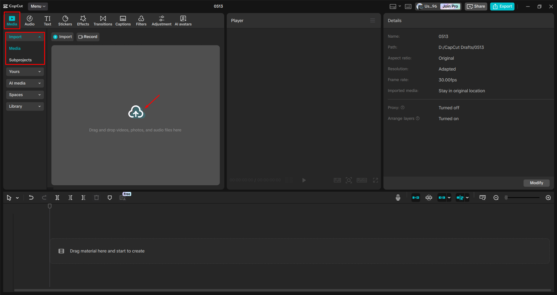 Importing a video into the CapCut desktop video editor