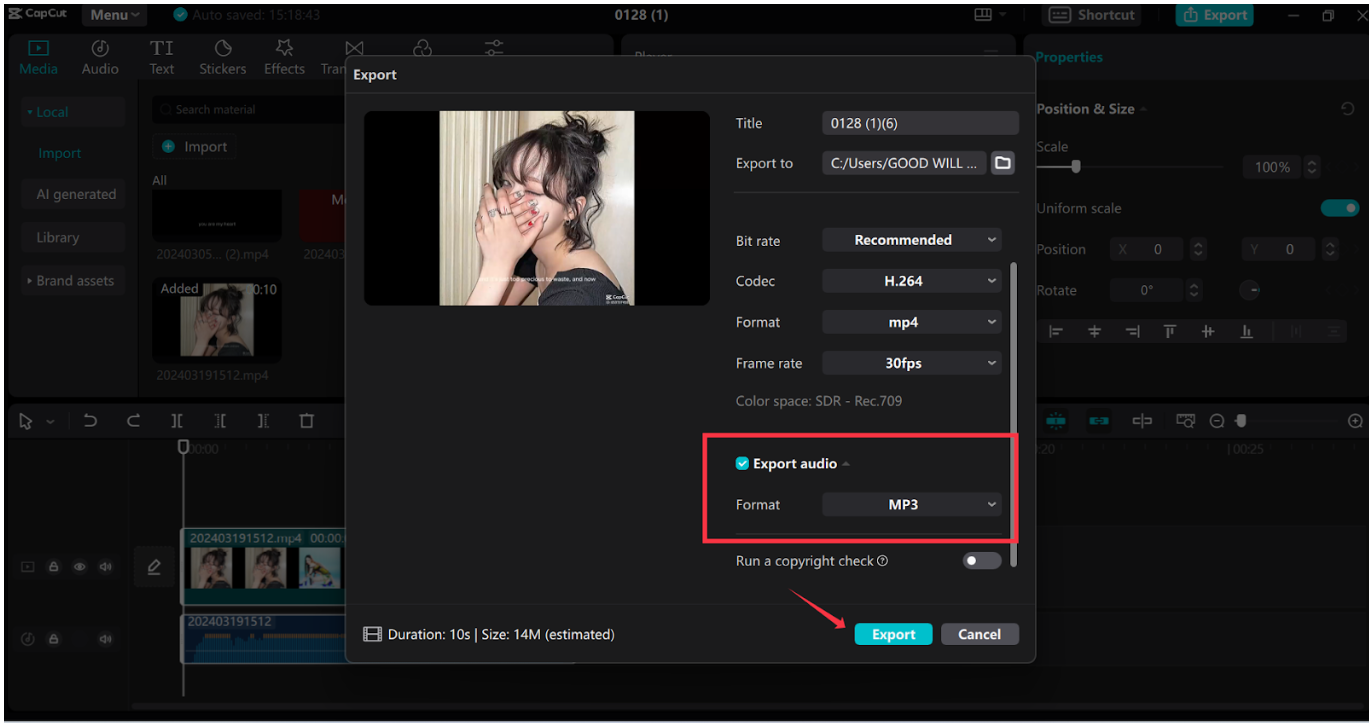 Export as MP3 and download