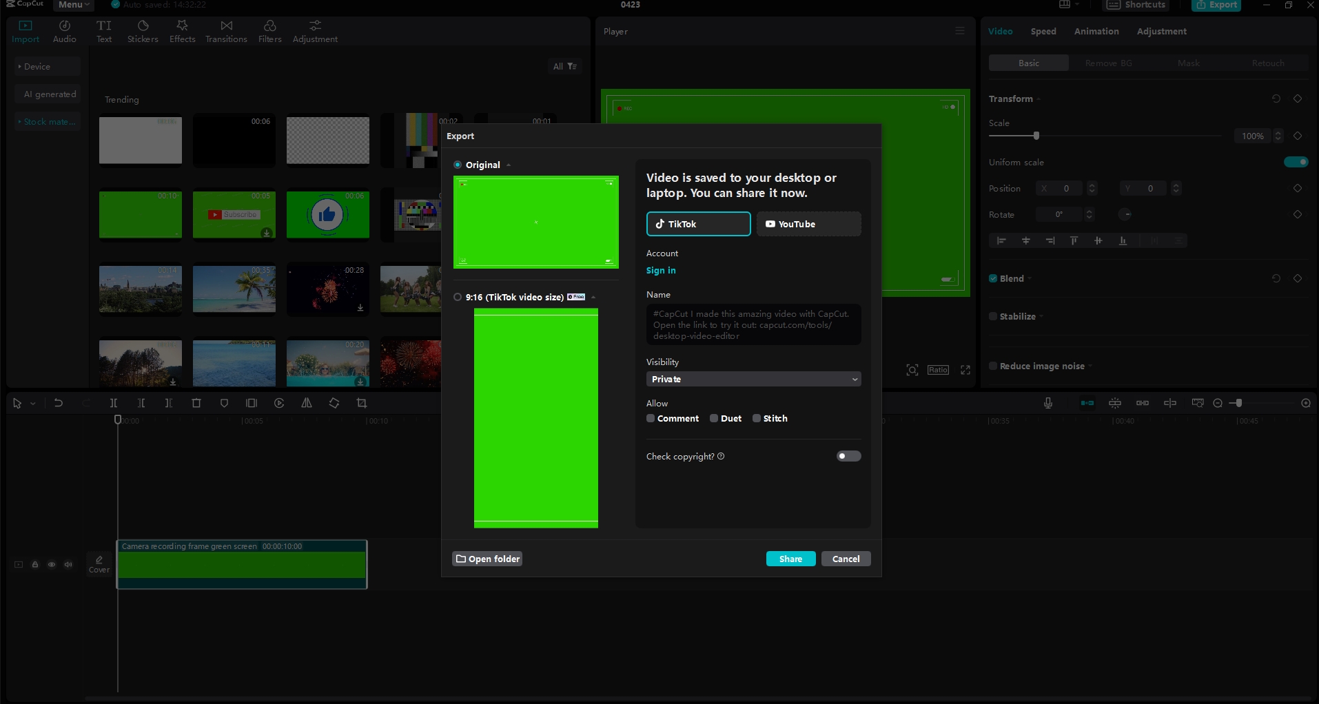 Export & download or share the rotated video