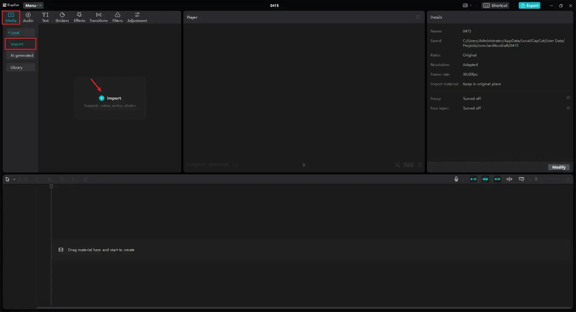 Uploading video to CapCut