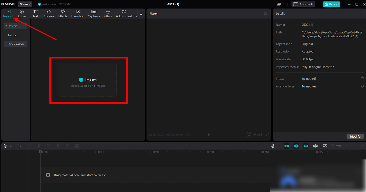 Importing video to the CapCut desktop video editor library