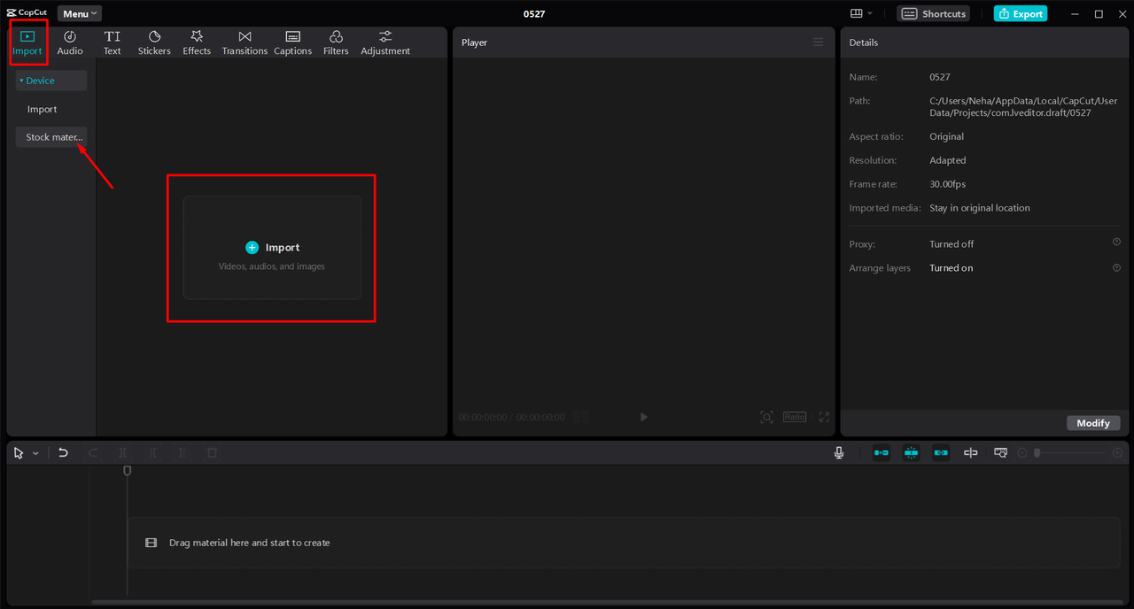 Importing media to the CapCut desktop video editor's library