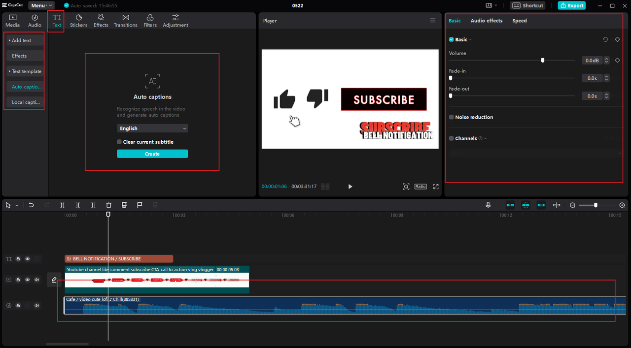 How to add text templates, captions, and adjust audio on the CapCut desktop video editor