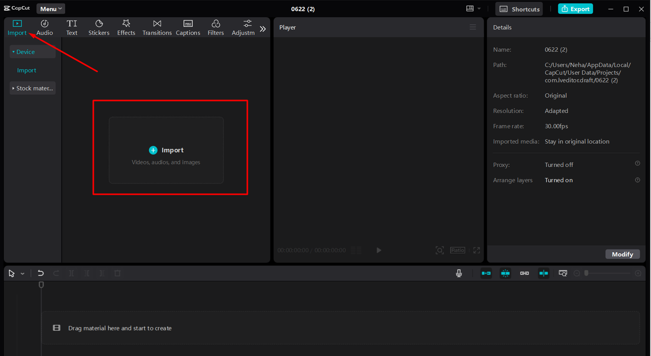 Importing images in CapCut