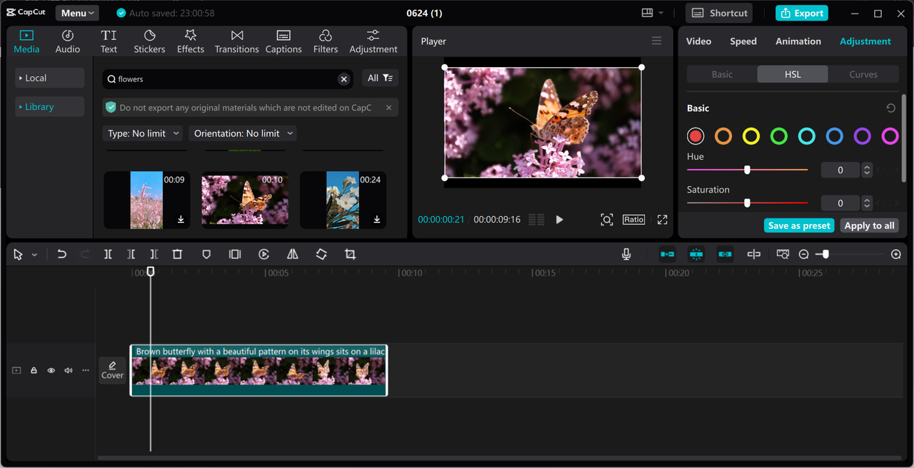 Interface of the CapCut desktop video editor, offering advanced color wheel tool