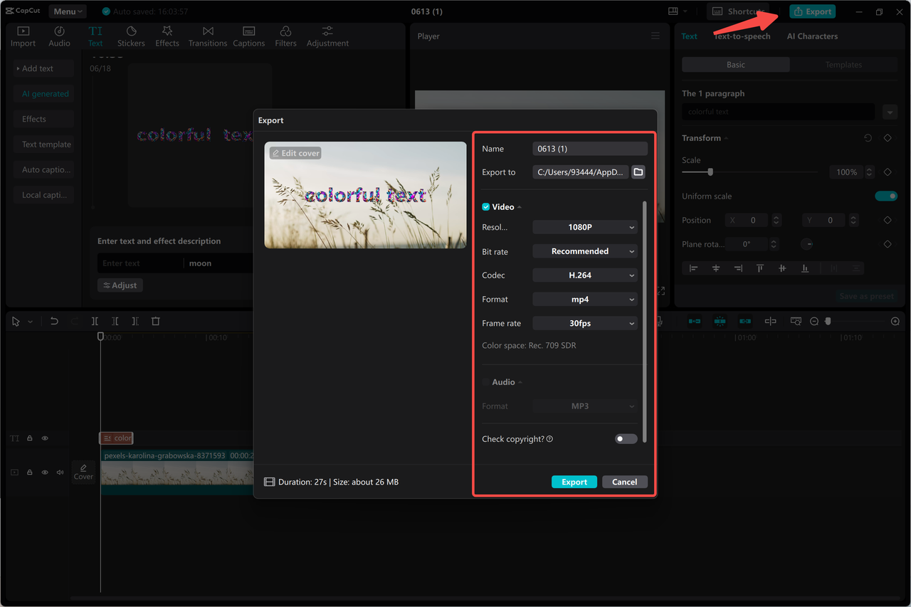 Exporting an image with an extended background in the CapCut desktop video editor