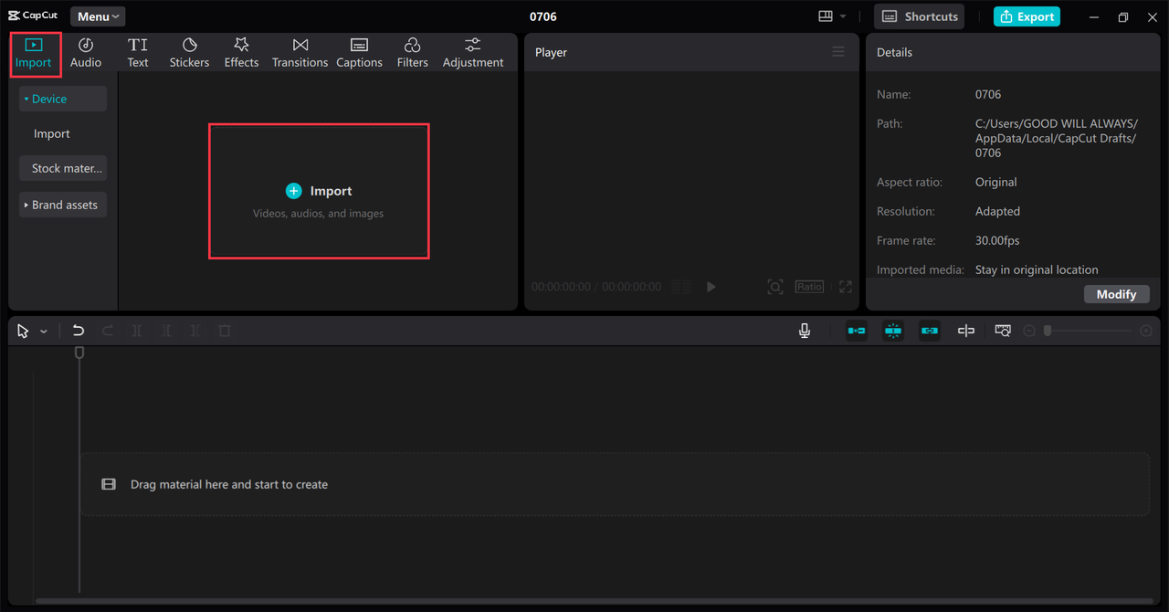 Importing a video for fast forwarding in the CapCut desktop video editor