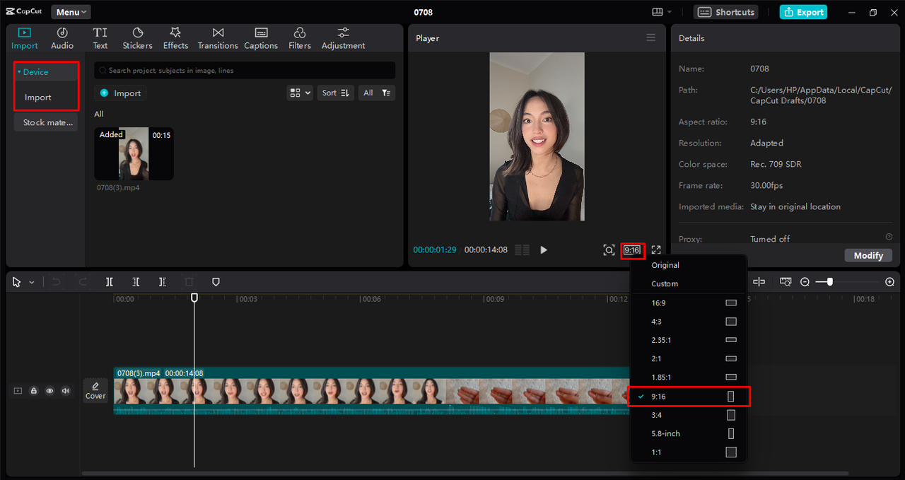 Uploading video for incorporating text in the CapCut desktop video editor