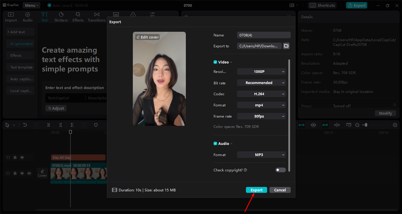 Exporting video from the CapCut desktop video editor