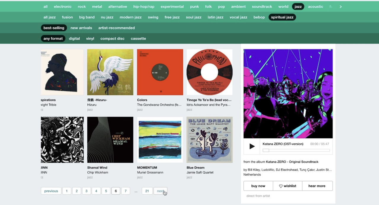 Interface of Bandcamp