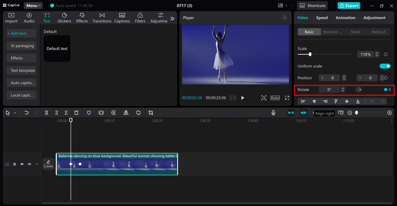 Interface showing rotation Keyframes in CapCut PC