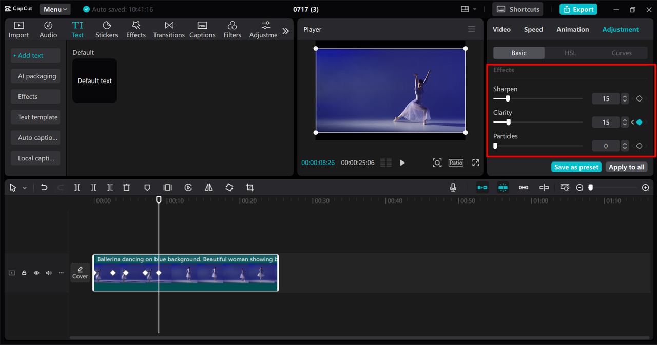Interface showing effects Keyframes in CapCut PC