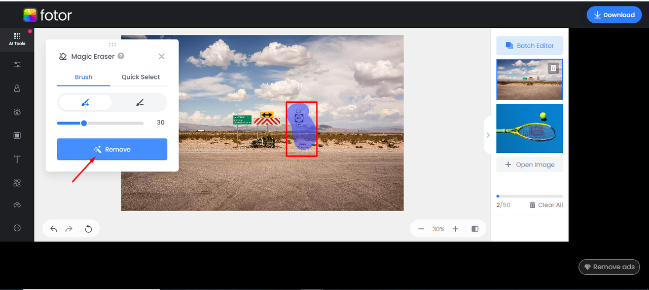 Interface of Fotor showing how to remove an object from a video online