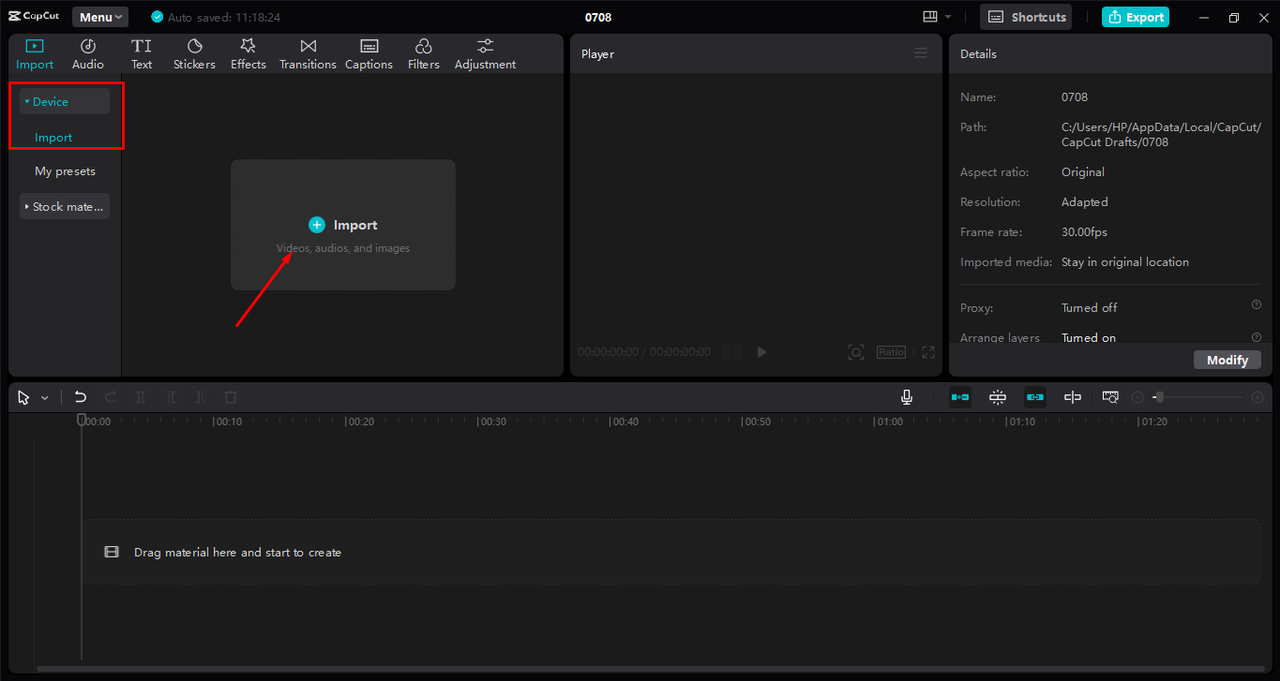 Uploading the video for removing unwanted objects in the CapCut desktop video editor