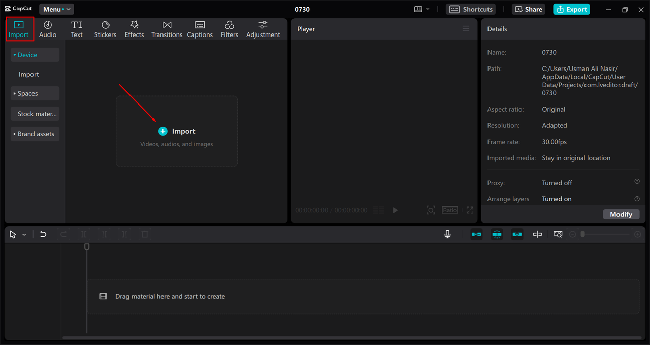 Importing an audio file into the CapCut desktop video editor