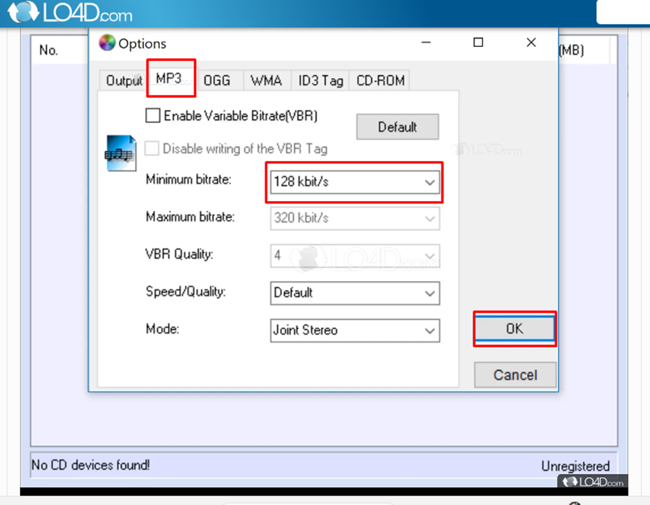 Interface of LO4D showing how to convert CD audio track into MP3
