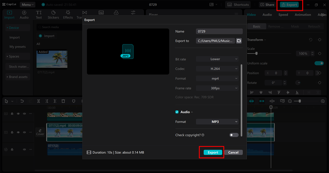 Exporting reversed audio file from the CapCut desktop video editor