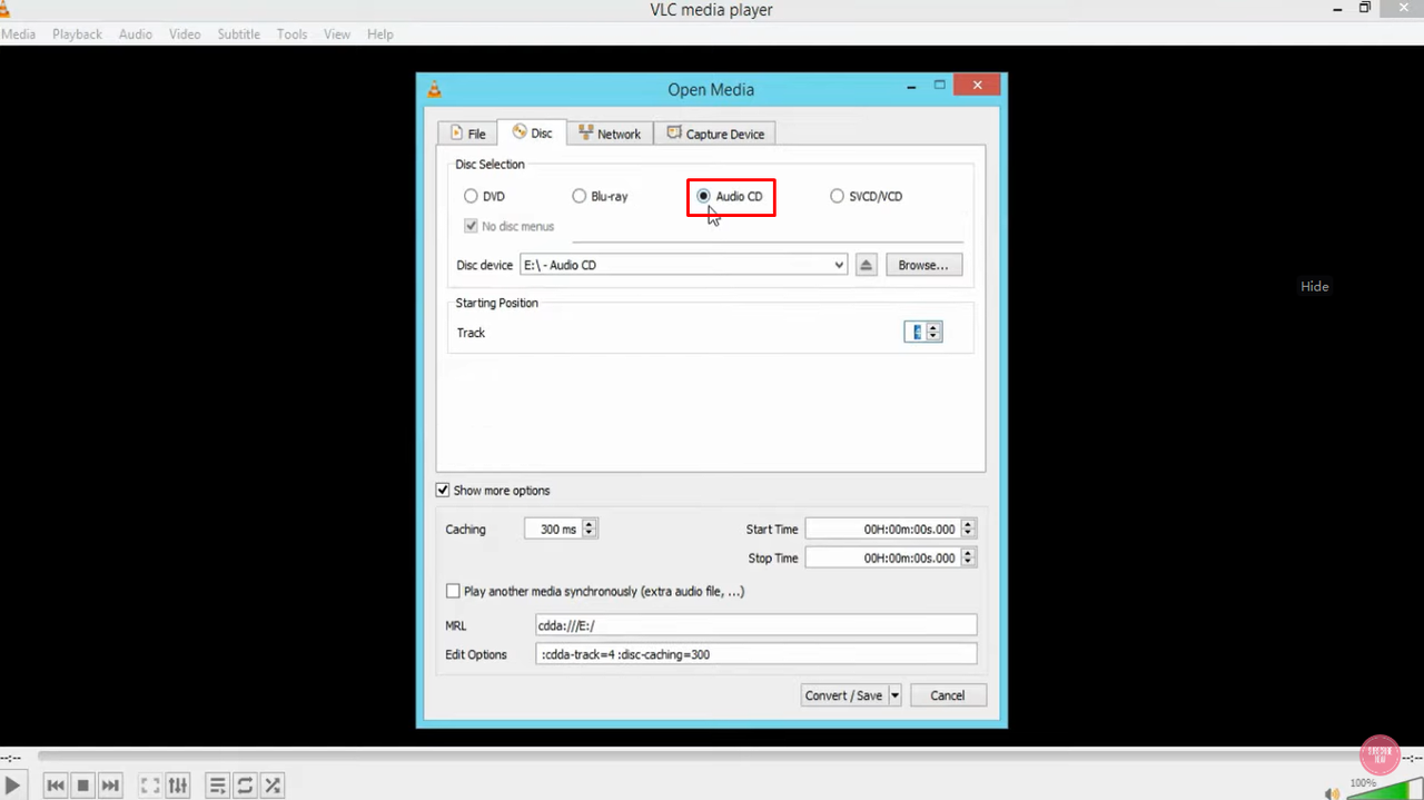 Interface of VLC Media Player showing how to change a CDA to MP3