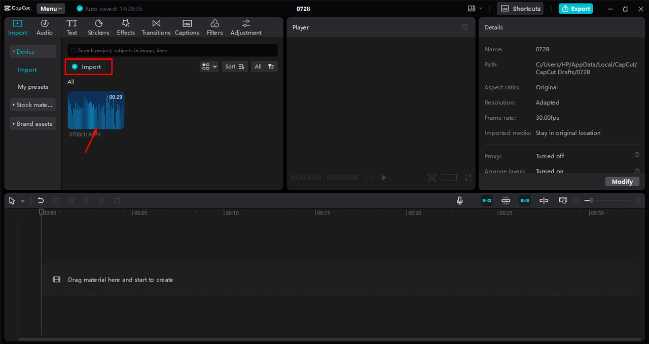 Uploading the audio in the CapCut desktop video editor