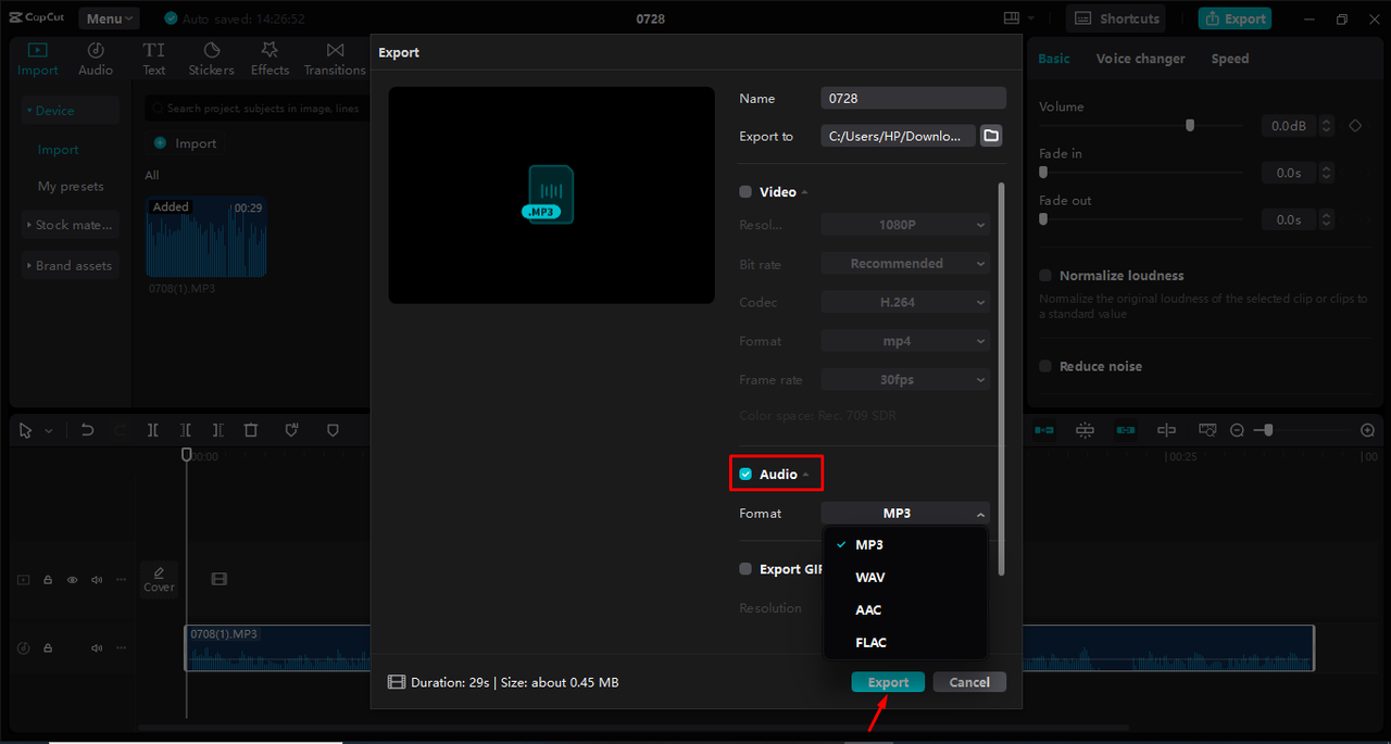 Converting audio in the desired format using the CapCut desktop video editor