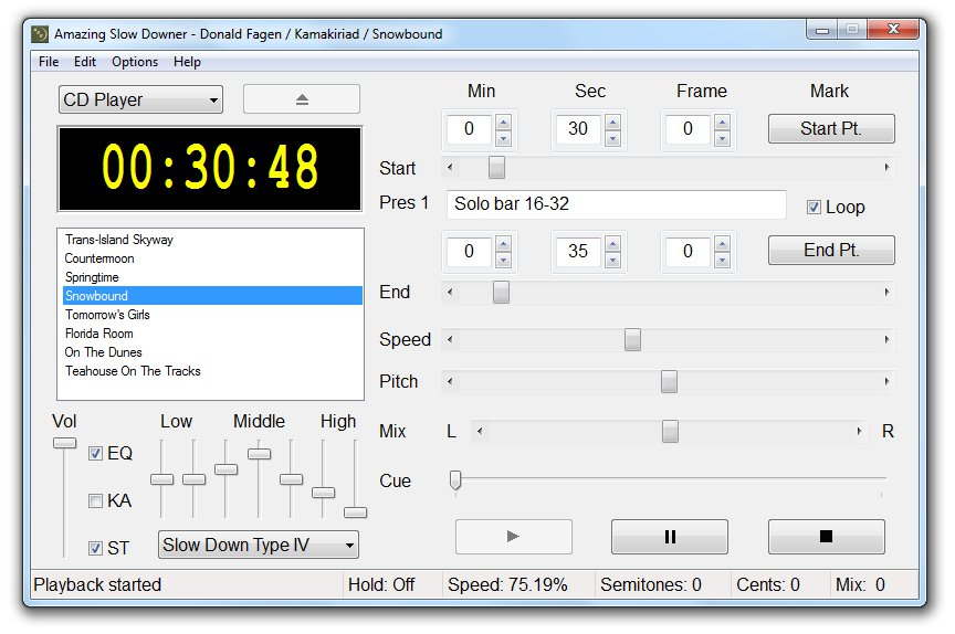Interface of Amazing Slow Downer for PC displaying various music features