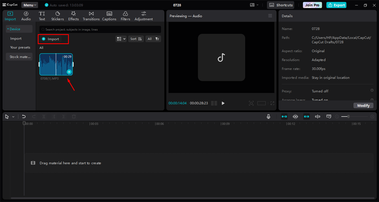 Importing audio for slowing down in the CapCut desktop video editor
