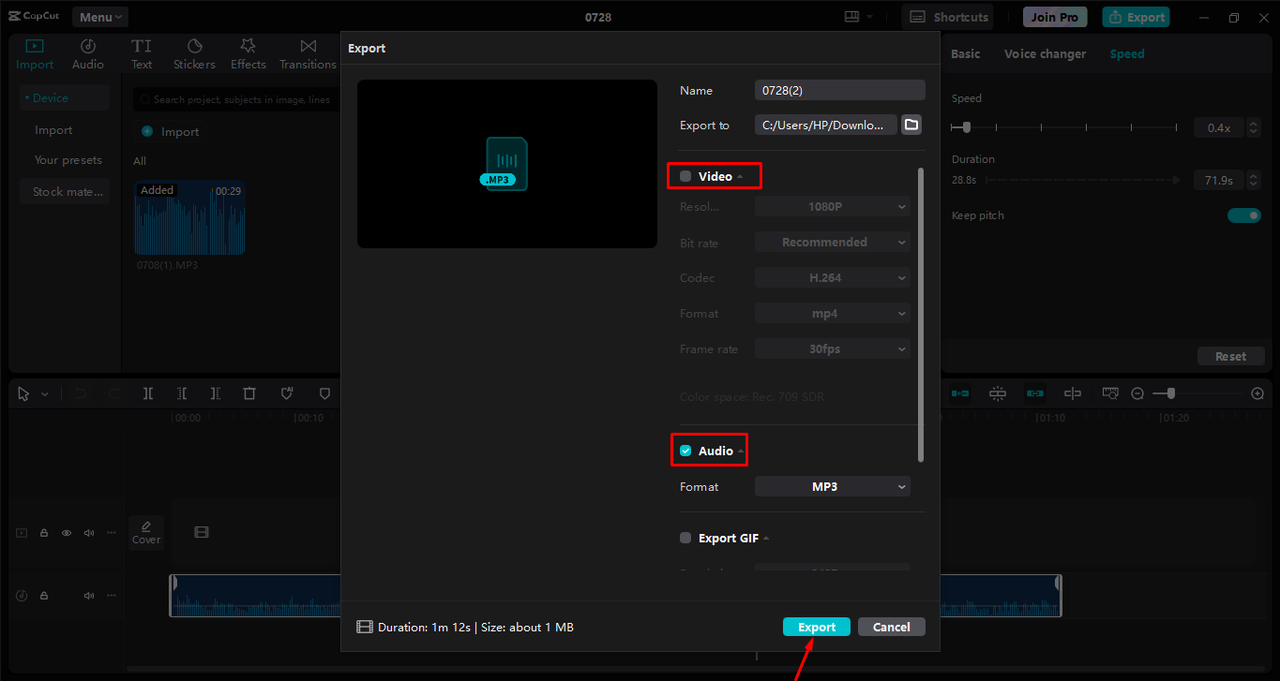 Exporting audio after slowing down in the CapCut desktop video editor