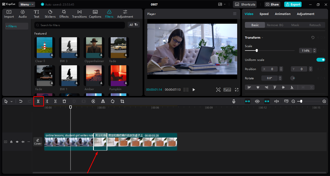 Creating a cutaway shot by splitting the video and arranging the segments in the CapCut desktop video editor