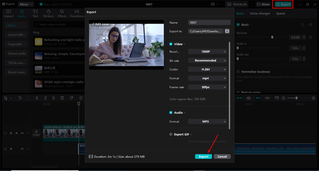 Exporting video after creating cutaway shots in the CapCut desktop video editor