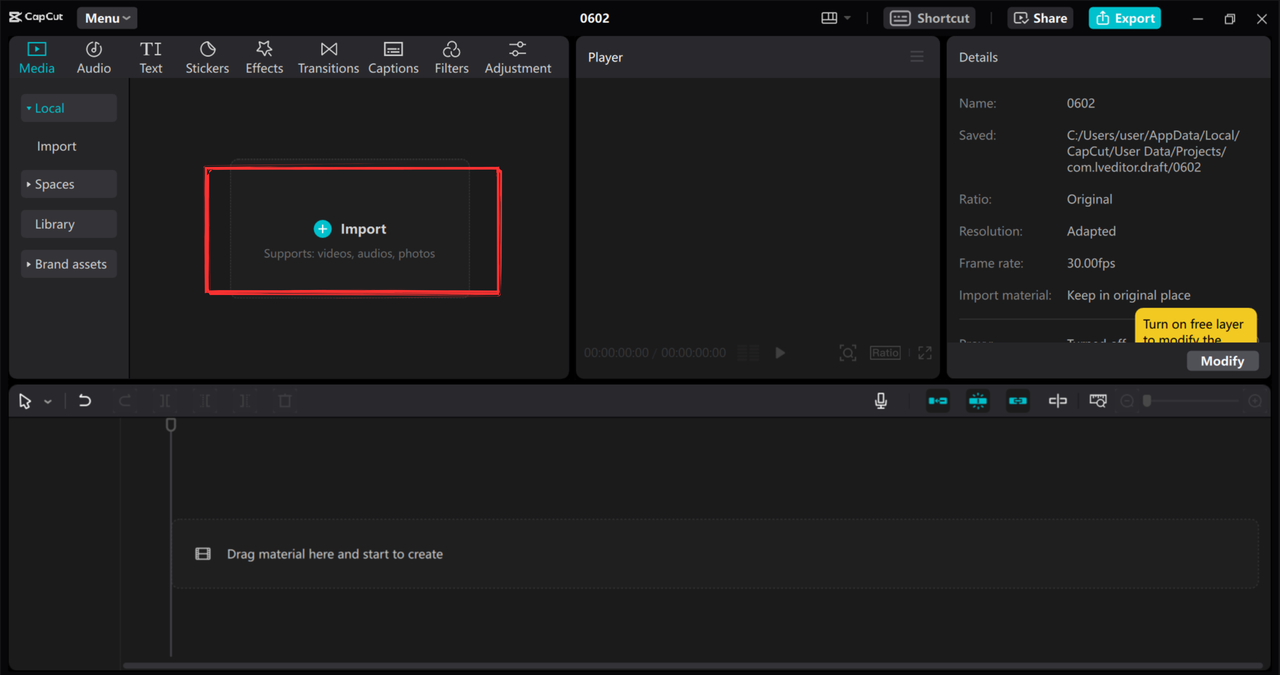 Import button on CapCut
