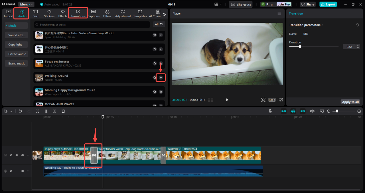 Add audio, text and transition to slideshow