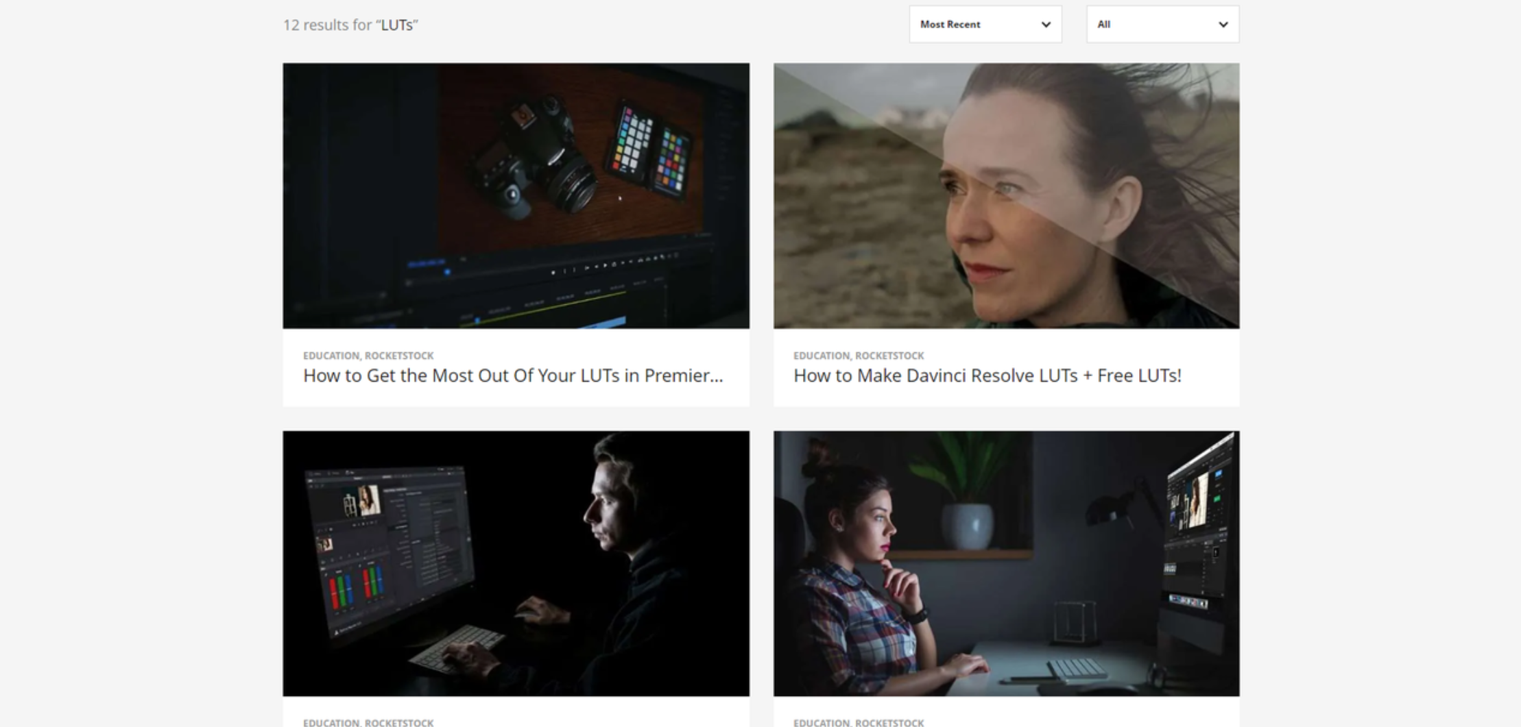 Interface of RocketStock - the best place to find cinematic color grading LUTs